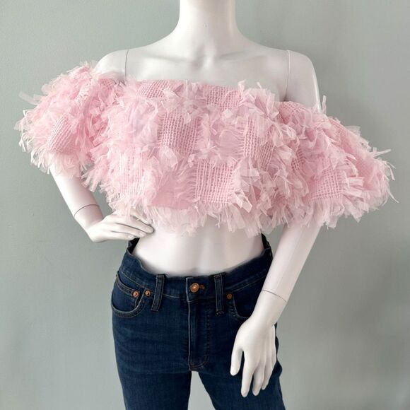 ASOS Edition Off Shoulder Sugar Pink Crop Top Textured Mesh size US 8 - Picture 2 of 8
